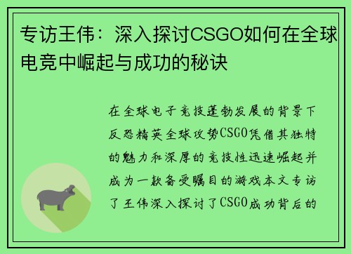 专访王伟：深入探讨CSGO如何在全球电竞中崛起与成功的秘诀